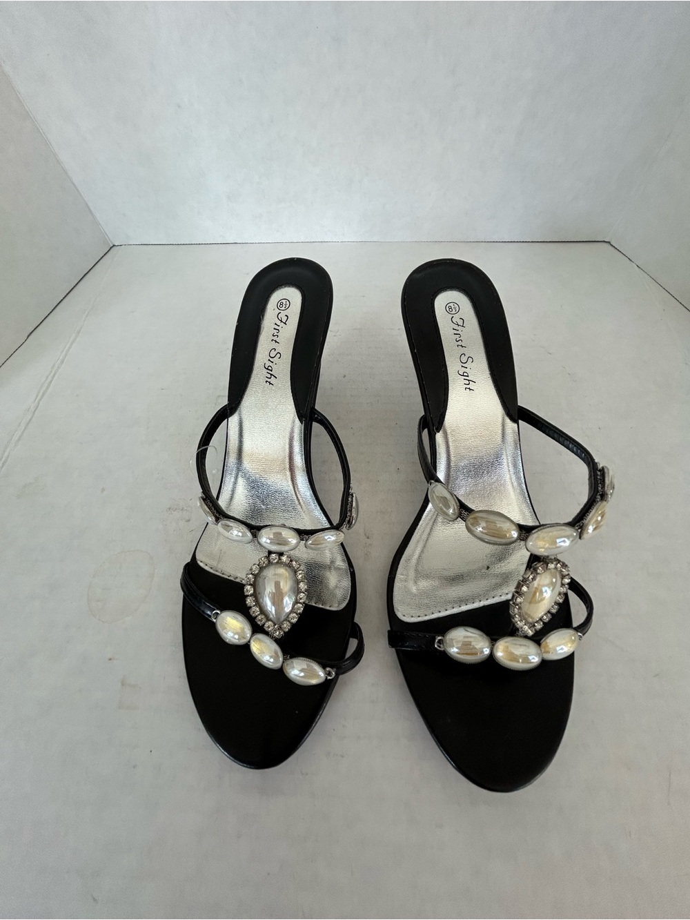 First Sight women’s Black Rhinestone slip on high Heel shoes sz 8.5 NWIB